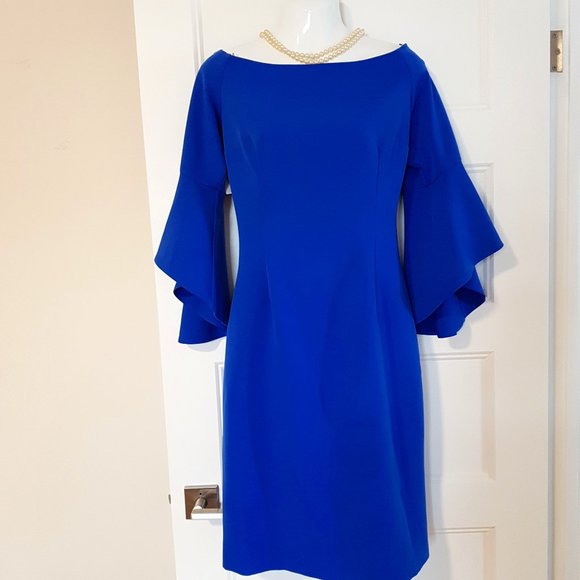 OLIMARA Blue Classy Cocktail Dress with 3/4 Bell sleeves, Made in Spain, sz 8/10 - Picture 1 of 11